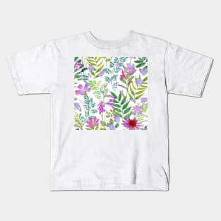 Spring various wildflowers watercolor illustration. Blooming spring garden. Romantic floral composition Kids T-Shirt